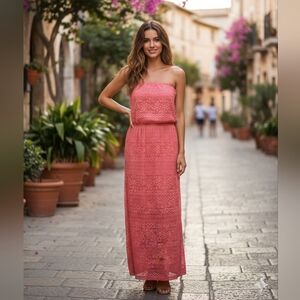 XL 15/17 Juniors Coral Bandeau Lace Elastic Waist Maxi Dress Romantic